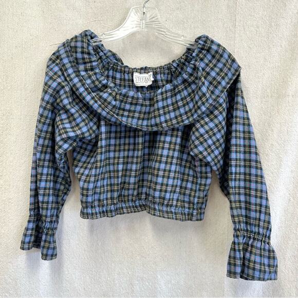 Stefano vintage 90s flannel plaid off the shoulder cropped peasant top medium - Picture 2 of 14